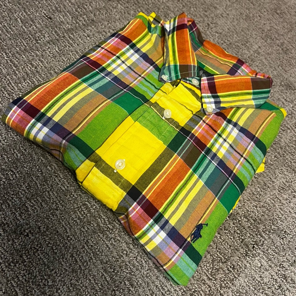 Ralph Lauren Green Yellow Plaid Short Sleeve Button Up 100% Cotton L